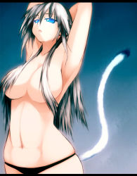  1girl armpits arms_up black_panties blue_eyes breasts cat_tail censored cleavage convenient_censoring female_focus foxhound hair_censor hair_over_breasts highres kiryuu_sayane large_breasts letterboxed long_hair navel onibi_(foxhound4185) open_mouth original panties solo tail underwear 