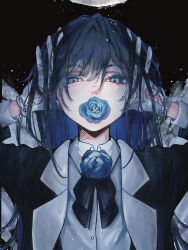  1girl absurdres ado_(utaite) aegyo_sal black_coat blue_eyes blue_hair cco_(mizutama_ma) chando_(ado) coat collared_shirt commentary_request content_rating dress_shirt flower flower_over_eye flower_over_mouth gloves highres light_particles mole mole_under_eye redrawn shirt solo upper_body utaite white_gloves white_shirt 