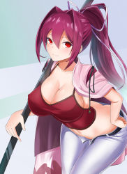 1girl bad_id bad_pixiv_id belt blush breasts butt_crack camisole cleavage closed_mouth collarbone commentary_request cowboy_shot female_focus hair_between_eyes hair_intakes hair_ribbon hand_on_own_hip highres holding holding_sword holding_weapon jacket jacket_on_shoulders katana large_breasts leaning_forward long_hair looking_at_viewer midriff navel pants ponytail purple_hair red_eyes ribbon simple_background slit_pupils smile solo standing sword under_night_in-birth valthazeryus very_long_hair weapon yuzuriha_(under_night_in-birth) rating:Sensitive score:21 user:danbooru