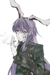  1girl animal_ears bandage_on_face bandages blood bloody_bandages breast_pocket cigarette collared_jacket expressionless grey_jacket hair_between_eyes hand_up jacket long_hair long_sleeves masking_tape parted_lips pocket purple_hair rabbit_ears rabbit_girl raimu_18056 red_eyes reisen_udongein_inaba smoke solo touhou umamusume very_long_hair 