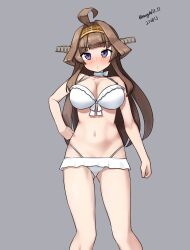  1girl absurdres ahoge bikini bikini_skirt blue_archive brown_hair cosplay frilled_bikini frills front-tie_bikini_top front-tie_top grey_background headgear highres kantai_collection kongou_(kancolle) long_hair looking_at_viewer maru_(marg0613) mika_(blue_archive) mika_(blue_archive)_(cosplay) mika_(swimsuit)_(blue_archive) multi-strapped_bikini_bottom purple_eyes simple_background solo swimsuit touyama_nao voice_actor_connection white_bikini 