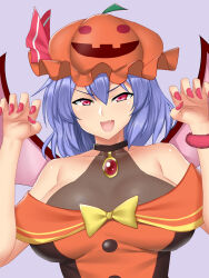  1girl bat_wings bow breasts fangs halloween_costume hat highres jewelry large_breasts looking_at_viewer medium_hair mokkori9 open_mouth pink_nails red_eyes remilia_scarlet simple_background solo solo_focus touhou upper_body wings yellow_bow  rating:Sensitive score:1 user:MD_Fan