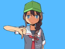  1girl baseball_cap black_hair black_serafuku black_shirt blue_background blue_eyes braid dated green_hat hair_over_shoulder hashtag-only_commentary hat kantai_collection kusakabe_(kusakabeworks) long_hair neckerchief red_neckerchief sailor_collar school_uniform serafuku shigure_(kancolle) shigure_kai_ni_(kancolle) shirt single_braid solo thumbs_down twitter_username white_sailor_collar 