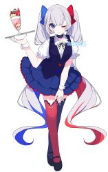  1girl absurdres arcaea asymmetrical_legwear black_choker black_shoes black_vest blue_eyes blue_nails blue_ribbon blue_skirt blue_thighhighs blush choker closed_mouth clover_39 collared_shirt colored_inner_hair commentary_request cross cross_earrings earrings food frilled_choker frilled_shirt_collar frilled_skirt frills full_body grey_hair hair_ribbon highres holding holding_tray ice_cream jewelry long_hair looking_at_viewer mary_janes mismatched_legwear multicolored_hair multicolored_nails nail_polish neck_ribbon one_eye_closed puffy_short_sleeves puffy_sleeves red_nails red_ribbon red_thighhighs ribbon sample_watermark shirahime_(arcaea) shirt shoes short_sleeves simple_background skirt smile solo standing sundae thighhighs tray twintails two-tone_nails very_long_hair vest waistcoat watermark white_background white_shirt wrist_cuffs 