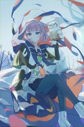  1girl :| absurdres ankle_boots bird black_leggings boots closed_mouth coat detached_sleeves double_bun forest full_body hair_bun highres hood hood_down kaf_(kamitsubaki_studio) kamitsubaki_studio leggings multicolored_coat multicolored_eyes multicolored_shirt nature outdoors owl pink_hair pom_pom_(clothes) shirt sitting usagi_(usagiusgi628) white_coat white_shirt 