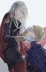  1boy 1girl ascot black_dress blonde_hair blue_cape breasts cape commentary_request covered_eyes covering_another&#039;s_eyes dimitri_alexandre_blaiddyd dress edelgard_von_hresvelg eyelashes fire_emblem fire_emblem:_three_houses garreg_mach_monastery_uniform gloves hair_ribbon hands_on_another&#039;s_face highres juliet_sleeves korean_commentary long_hair long_sleeves looking_at_another looking_down nintendo pantyhose parted_lips puffy_sleeves purple_eyes purple_ribbon red_cape red_pantyhose ribbon school_uniform short_hair side_cape simple_background sleeve_cuffs soma_otakuu white_background white_gloves white_hair 