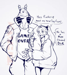  1boy 1girl alien arm_hug couple crossover cyberpunk_(series) cyberpunk_edgerunners english_text gungan hetero izra jacket jar-jar_binks open_mouth rebecca_(cyberpunk) simple_background star_wars star_wars:_the_phantom_menace twintails white_background 