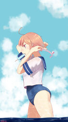  1girl ahoge blue_one-piece_swimsuit blue_sailor_collar blue_sky check_commentary cloud commentary_request food hair_ornament highres i-58_(kancolle) jikkou-san_(zikko_san) kantai_collection mouth_hold ocean one-piece_swimsuit pink_hair popsicle red_eyes sailor_collar sailor_shirt school_swimsuit school_uniform serafuku shirt short_sleeves sky solo swimsuit twitter_username unworn_hair_ornament wading water white_shirt 