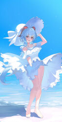  1girl :d absurdres ahoge alternate_costume bare_legs bare_shoulders barefoot blue_sky blush breasts clothes_lift collarbone commentary day demon_horns dress dress_lift dress_tug frilled_dress frills full_body ganyu_(genshin_impact) genshin_impact groin hair_between_eyes hand_on_headwear hand_up happy hat hat_ribbon highres horns iriya_(pixiv68685836) large_breasts long_hair looking_at_viewer low_ponytail ocean off-shoulder_dress off_shoulder open_mouth outdoors ponytail purple_eyes ribbon shadow sidelighting sidelocks sky smile solo standing sun_hat sundress sunlight very_long_hair white_dress white_hat white_ribbon wind wind_lift 