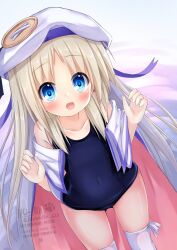  1girl bat_hair_ornament blonde_hair blue_eyes blue_one-piece_swimsuit cape feet_out_of_frame hair_ornament hat highres kud_wafter kudpoid_(71139) large_buttons little_busters! long_hair noumi_kudryavka old_school_swimsuit one-piece_swimsuit school_swimsuit smile solo swimsuit thighhighs w_arms watermark white_cape white_hat white_thighhighs 