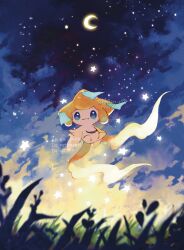  blue_eyes closed_mouth crescent_moon gen_3_pokemon grass happy highres jirachi legendary_pokemon moon mythical_pokemon nashiro_o77o nintendo no_humans outdoors pokemon pokemon_(creature) pokemon_focus sky smile solo star_(sky) star_(symbol) twitter_username watermark 