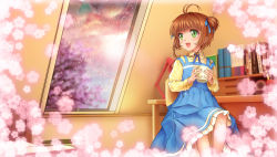 1girl ahoge book brown_hair cardcaptor_sakura cup dress green_eyes hair_ribbon highres kinomoto_sakura legs mug mutsuki_(moonknives) open_mouth rain ribbon short_hair solo window rating:General score:9 user:danbooru