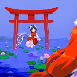  2girls black_hair blue_sky commentary_request day flat_chest gohei hair_ribbon hakurei_reimu hakurei_reimu_(seihou) holding holding_gohei kaigen_1025 lily_pad long_hair long_sleeves multiple_girls no_mouth no_nose orange_hair petticoat red_eyes red_vest ribbon sakurasaki_hirano seihou shirt sky torii vest vivit water white_ribbon white_shirt 