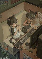  2boys :t absurdres animal_ear_piercing animal_ears bandaid bandaid_on_face bandaid_on_nose bilingual_commentary black_eyes black_hair black_shirt black_sleeves cat_boy cat_ears cat_tail child chinese_commentary chopsticks closed_eyes closed_mouth commentary computer_keyboard cup cup_ramen disposable_cup dog_boy dog_ears dog_tail eating fang food food_on_face highres holding holding_chopsticks holding_food indoors male_focus mixed-language_commentary monitor multiple_boys omurice_(roza4957) open_mouth original raglan_sleeves shirt short_hair short_sleeves sitting sleeveless sleeveless_shirt tail white_shirt 