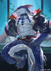  1boy abs aquarium bai_chuan_ye_ye bara barefoot black_sclera chinese_commentary claws colored_sclera commentary_request crop_top dislyte dorsal_fin fin_piercing fins fish fish_tail fundoshi furry furry_male highres jacket japanese_clothes male_focus muscular muscular_male navel open_clothes open_jacket pants pectorals profile red_eyes see-through_clothes see-through_pants shark_boy shark_fin shark_tail shirt tail tetsuya_(akuru)_(dislyte) watermark weibo_watermark white_shirt 
