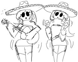  2016 2girls arms_up bad_id breasts female_focus garter_straps guitar hat hood hood_up hoodie instrument jiggle legs_together long_eyelashes long_hair maracas mario_(series) mask medium_breasts minuspal monochrome multiple_girls nintendo shy_gal simple_background sketch sleeves_past_fingers sleeves_past_wrists sombrero thighhighs thighs white_background 