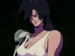  1990s_(style) a.d._police_files animated breasts brown_hair covered_erect_nipples cyberpunk dog_tags gina_marceau large_breasts lowres prosthesis prosthetic_arm retro_artstyle white_eyes 