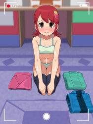  1girl battery_indicator black_thighhighs blue_vest blurry blurry_background blush bow bow_panties bra brown_eyes commentary_request commission depth_of_field dogeza flat_chest full_body green_bra green_panties green_shirt hair_ornament hands_on_own_knees highres livestream long_hair long_sleeves looking_at_viewer mayl_sakurai_(mega_man) mega_man_(series) mega_man_battle_network_(series) miniskirt panties parted_lips pink_skirt red_hair seiza shirt sitting skeb_commission skirt solo stupa13a thighhighs training_bra underwear unworn_shirt unworn_skirt unworn_vest variant_set vest viewfinder wavy_mouth 