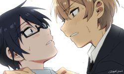 10s 2boys bad_id bad_pixiv_id black_hair bloom blue_eyes boku_dake_ga_inai_machi brown_eyes brown_hair close-up eye_contact fujinuma_satoru hands_on_another&#039;s_shoulders ikeshita_moyuko jacket kobayashi_kenya looking_at_another male_focus multiple_boys parted_lips simple_background suit_jacket sweat twitter_username white_background rating:Sensitive score:7 user:danbooru