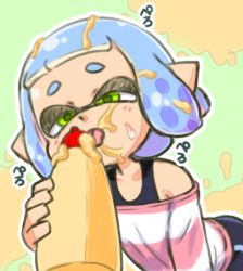 1girl blue_hair female_focus green_background green_eyes half-closed_eyes highres holding ikaheigen inkling inkling_girl inkling_player_character licking light_blue_hair loli mayonnaise nintendo outline pointy_ears sexually_suggestive shirt short_hair solo splatoon_(series) striped_clothes striped_shirt tentacle_hair tongue tongue_out white_outline rating:Questionable score:35 user:danbooru