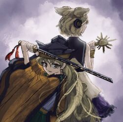  2girls black_hat black_sailor_collar blonde_hair colored_eyepatch commentary_request earmuffs earrings eyepatch fighting_stance hat holding holding_sword holding_weapon jewelry looking_at_viewer matara_okina multiple_girls open_mouth orange_sleeves ox_guard pointy_hair ritsuzou sailor_collar shirt short_hair sleeveless sleeveless_shirt sword touhou toyosatomimi_no_miko upper_body weapon white_shirt 