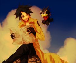  1boy black_gloves black_hair blue_sky cloud english_text gloves jing_(ou_dorobou_jing) jing_king_of_bandits kir_(jing_king_of_bandits) looking_at_another newspaper sky smirk sumomo4r 