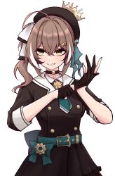  1girl adapted_costume alternate_color belt beret black_gloves bow bow_skirt brooch brown_eyes brown_hair buttons choker collared_shirt commentary cosplay crossed_bangs double-breasted english_commentary glove_pull gloves green_belt green_nails green_necktie hair_ornament hairclip hat highres hololive hololive_english hoshimachi_suisei hoshimachi_suisei_(1st_costume) hoshimachi_suisei_(cosplay) idol_showdown jewelry m_r_b multicolored_hair nail_polish nanashi_mumei necktie partially_fingerless_gloves pleated_skirt shirt side_ponytail skirt sleeve_cuffs three-quarter_sleeves smile solo star_(symbol) star_brooch star_choker streaked_hair virtual_youtuber 