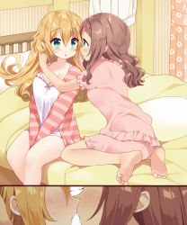 2girls blonde_hair bloomers blue_eyes blush brown_hair curly_hair female_focus genderswap genderswap_(mtf) imminent_kiss indoors long_hair msp_sammy multiple_girls nightgown novel_illustration official_art on_bed second-party_source sitting underwear v_arms wavy_hair yuri  rating:Sensitive score:60 user:Dweenie