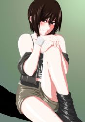  00s 1990s_(style) 1girl bare_shoulders belt blush brown_hair female_focus final_fantasy final_fantasy_vii final_fantasy_vii_advent_children gradient_background jacket milktearick red_eyes retro_artstyle short_hair shorts sitting solo yuffie_kisaragi 