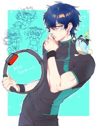  1boy animal animal_on_shoulder aqua_eyes black_pants black_shirt blue_hair border chibi chibi_inset closed_eyes exercising gagake_v headband highres leos_vincent male_focus mameneko_(leos_vincent) nijisanji outside_border pants parted_lips ring_fit_adventure shirt short_hair sideways_glance sit-up sparkle squatting steaming_body sweat virtual_youtuber white-framed_eyewear white_border wristband 