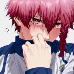  1boy ? bl_111252 blue_lock blush braid covering_own_mouth grey_background hair_between_eyes highres jacket kurona_ranze long_sleeves looking_at_viewer male_focus red_eyes red_hair short_hair side_braid simple_background single_braid solo track_jacket upper_body 