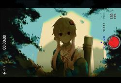  1girl backlighting blue_sky blurry blurry_background building commentary document_tube empty_eyes expressionless fake_phone_screenshot fake_screenshot female_focus hair_ornament holding holding_knife holding_strap jacket knife leaf letterboxed outdoors purple_eyes purple_hair recording short_hair short_hair_with_long_locks sky solo symbol-only_commentary timestamp tree upper_body v_cho3 vocaloid voiceroid yuzuki_yukari 