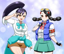  2girls black_hair breasts brown_eyes candice_(pokemon) candice_(pokemon)_(cosplay) clothes_around_waist cosplay costume_switch fingerless_gloves gloves goggles hibiki_ran hibiki_ran_(cosplay) jacket justice_gakuen large_breasts long_hair miniskirt multi-tied_hair multiple_girls nintendo pokemon pokemon_dppt ponytail skirt sleeveless sweater sweater_around_waist yensh 
