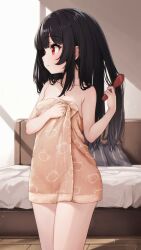  1girl absurdres after_bathing bare_shoulders bed bedroom black_hair breasts brushing_hair brushing_own_hair comodox from_side hair_brush hand_on_own_chest highres huge_filesize indoors loli long_hair lulla_(comodox) naked_towel original red_eyes small_breasts solo standing thighs towel 