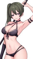  1girl arm_at_side arm_strap arm_up armlet armpits bare_shoulders bikini black_bikini black_choker breasts choker cleavage collarbone commentary cowboy_shot curvy double-parted_bangs front-tie_bikini_top front-tie_top gloves green_hair groin hair_between_eyes halterneck highres holding holding_weapon jewelry jitome kushinaka light_blush long_hair looking_at_viewer mage_staff medium_breasts navel o-ring o-ring_bikini o-ring_choker parted_lips purple_eyes side_ponytail simple_background single_glove skindentation smile solo sousou_no_frieren string_bikini swimsuit ubel_(sousou_no_frieren) weapon white_background  rating:Sensitive score:31 user:danbooru