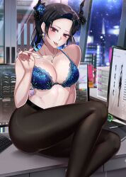  1girl adapted_costume black_hair black_horns black_pantyhose blue_bra blue_hair bra breasts colored_inner_hair commentary computer_keyboard desk earrings english_commentary glasses highres holding holding_removed_eyewear hololive hololive_english horns jailbird_(nerissa_ravencroft) jewelry large_breasts liyan1112 mole mole_under_eye monitor multicolored_hair necklace nerissa_ravencroft nerissa_ravencroft_(casual) on_desk pantyhose pen red_eyes red_nails sitting solo underwear unworn_eyewear virtual_youtuber window 