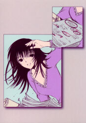  00s 1girl 2002 breasts chobits clamp cleavage comic highres looking_at_viewer official_art postcard_(medium) purple_theme shimizu_takako_(chobits) silent_comic teacher  rating:Sensitive score:3 user:starstellastar