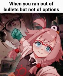  1girl absurdres arknights black_necktie black_sweater_vest blue_eyes blue_gloves blush braid closed_mouth commentary english_commentary english_text glasses gloves highres image_macro_(meme) incoming_attack incoming_punch long_hair may_(arknights) meme necktie one_side_up over-rim_eyewear pink_hair punching red-framed_eyewear semi-rimless_eyewear shirt shura_(shura_cs) sweater_vest twin_braids white_shirt 