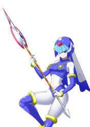  1girl absurdres armor blue_armor blue_eyes blue_helmet breasts cowboy_shot fairy_leviathan_(mega_man) fins head_fins helmet highres holding holding_polearm holding_weapon medium_breasts mega_man_(series) mega_man_zero_(series) polearm simple_background solo spear weapon white_background yg_(user_hfse3388) 