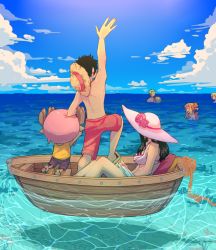  2girls 4boys ^_^ antlers arm_on_own_head arm_up back ball bare_arms bare_legs bare_shoulders beachball bikini black_hair blonde_hair blue_sky boat caustics closed_eyes closed_mouth cloud day flower friends furry green_hair hair_flower hair_ornament hair_over_one_eye hat height_difference highres holding holding_ball holding_beachball horizon horns kneeling long_hair looking_at_another male_swimwear monkey_d._luffy multiple_boys multiple_girls nami_(one_piece) nico_robin ocean on_boat one_piece open_mouth orange_hair outdoors outstretched_arm partially_submerged purple_male_swimwear purple_swim_trunks red_male_swimwear red_swim_trunks rizec rope roronoa_zoro rose sandals sanji_(one_piece) shadow shirt short_hair shoulder_tattoo sidelocks sitting sky sleeveless sleeveless_shirt smile standing stomach straw_hat sun_hat swim_trunks swimming swimsuit tattoo toes tony_tony_chopper topless_male water watercraft yellow_shirt 