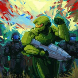 1girl 2boys armor assault_rifle black_gloves bullpup cal-141 chris_obrooks clenched_hand gloves gun halo_(series) halo_legends helmet highres holding holding_gun holding_weapon ma5 multiple_boys odst power_armor rifle spartan_(halo) visor walking weapon 
