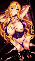 1girl absurdres armpits arms_up bare_shoulders blonde_hair blue_eyes blush breasts cleavage commentary demon_girl demon_horns highres horns kook large_breasts long_hair looking_at_viewer mature_female navel original pointy_ears smile solo spread_legs squatting thighhighs thighs rating:Sensitive score:48 user:danbooru