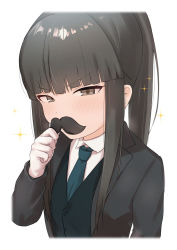  1girl alternate_costume alternate_hairstyle black_hair black_jacket blue_vest blunt_bangs blush brown_eyes collared_shirt fake_facial_hair fake_mustache gloves hatsuyuki_(kancolle) highres hime_cut holding jacket kantai_collection long_hair long_sleeves looking_at_viewer necktie ponytail sakiecho shirt sidelocks simple_background solo sparkle upper_body vest white_background white_gloves white_shirt  rating:General score:5 user:danbooru