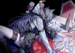  2girls animal_ears ara_200117 arknights black_gloves black_hair blue_gloves bottle closed_eyes cup drink drinking_glass fang fingerless_gloves gloves hair_ornament hairclip highres holding holding_drink lappland_(arknights) long_hair long_sleeves multiple_girls open_mouth red_wings scar scar_across_eye scar_on_face shirt smile texas_(arknights) thigh_strap white_hair white_shirt wine_bottle wine_glass wings wolf_ears yuri 