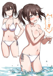  1girl absurdres bikini breasts brown_eyes brown_hair cleavage covering_breasts covering_privates cowboy_shot hair_between_eyes hand_in_pocket highres large_breasts multiple_views navel original side-tie_bikini_bottom simple_background swimsuit topless_female tuskryo twintails wading water white_background white_bikini 