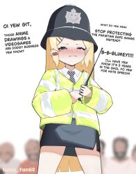  1girl absurdres blonde_hair blue_eyes blurry blurry_background checkered_necktie closed_mouth cunny_(meme) depth_of_field english_text hair_ornament hairclip hat high-visibility_clothing high-visibility_vest highres holding_baton loli long_hair long_sleeves looking_at_viewer meme necktie one_eye_closed original parallel_hairclips police_hat solo_focus standing tuna_fan68 twitter_content_restriction union_jack united_kingdom uohhhhhhhhh!_(meme) you_gonna_get_raped 