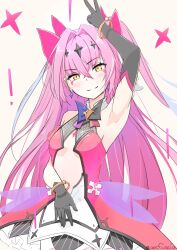  1girl aesfixcia arm_up armpits asymmetrical_gloves bare_shoulders black_bow black_bowtie black_gloves blue_bow blue_bowtie bow bowtie bracelet breasts center_opening detached_collar diamond_hair_ornament dress elbow_gloves epic_seven facial_mark gloves gold_bracelet hair_intakes highres jewelry luluca_(epic_seven) medium_breasts multicolored_bow multicolored_bowtie pink_dress pink_hair single_elbow_glove sleeveless sleeveless_dress smile solo star_(symbol) top_model_luluca_(epic_seven) triangle triangle_facial_mark tsurime two_side_up uneven_gloves v white_background yellow_eyes 