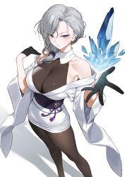  1girl absurdres bare_shoulders black_gloves bodystocking breasts cleavage closed_mouth collarbone commentary_request cryokinesis enjo_kouhai gloves hair_between_eyes half_gloves highres ice japanese_clothes kamishimo_kasumi kimono large_breasts long_sleeves looking_at_viewer mole mole_under_eye pantyhose shadow simple_background solo standing swept_bangs takunomi white_background white_kimono wide_sleeves yuki_onna 