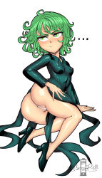  1boy 1girl algozhell_(lucas_mist) arm_support artist_logo ass bare_legs blush breasts closed_mouth dress embarrassed eyelashes female_focus fingernails from_below from_side full_body green_dress green_eyes green_hair green_shoes hand_on_own_hip high_heels huge_ass leaning_to_the_side logo long_sleeves looking_afar looking_back matching_hair/eyes medium_hair one-punch_man panties pelvic_curtain shoes simple_background sitting small_breasts solo tatsumaki thighs underwear wavy_hair white_background white_panties wide_hips yokozuwari 