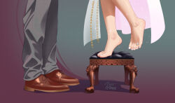  1boy 1girl aisuman artist_name barefoot brown_footwear commentary commission dress english_commentary feet foot_focus gradient_background grey_background grey_pants highres jewelry nail_polish original out_of_frame pants purple_background shadow signature sparkle standing standing_on_one_leg stool tiptoes toe_ring toenail_polish toenails toes 